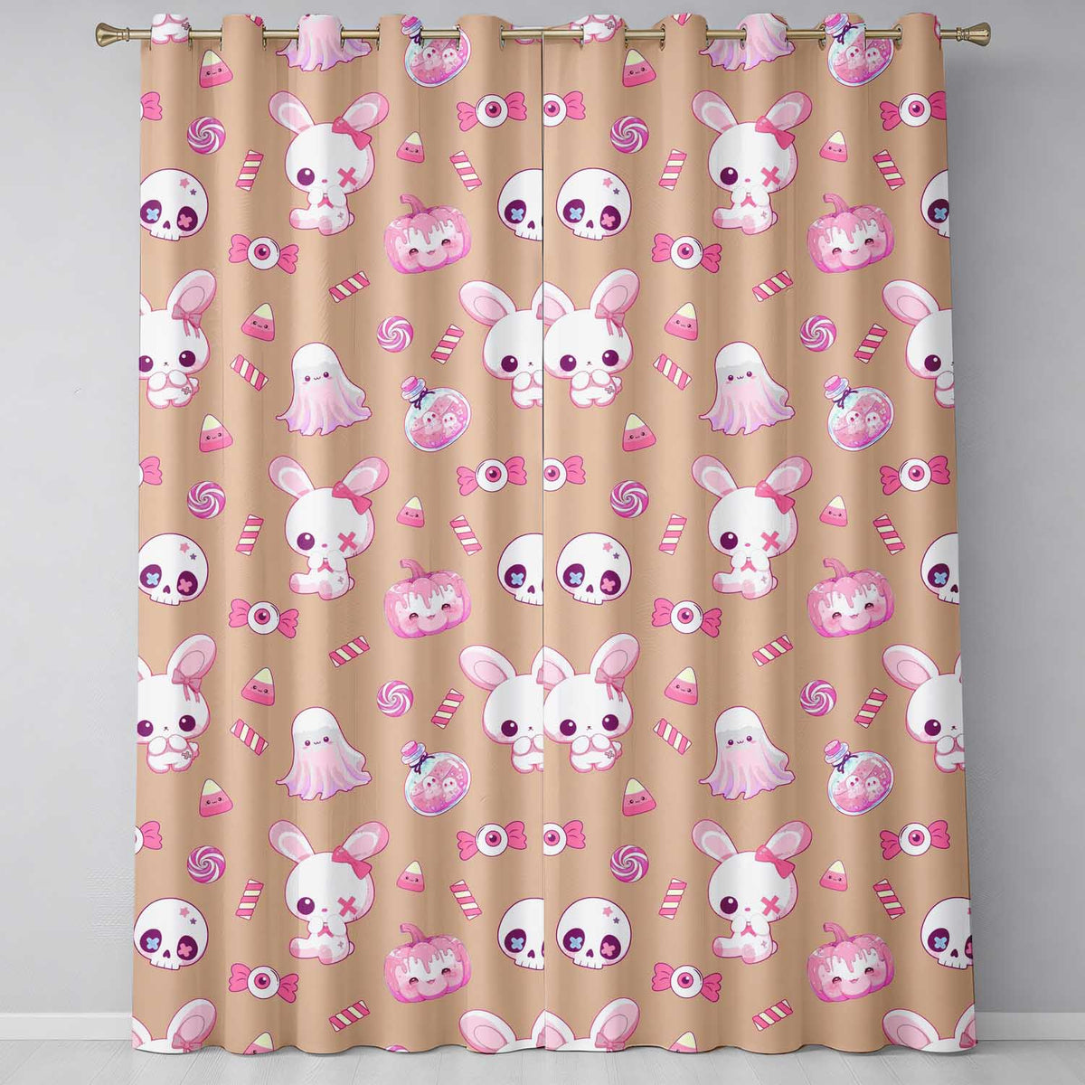 Cute Halloween Bunny Ghost Candy Pumpkin Seamless Pattern Peach Background Readymade Eyelet Ring Top Thermal 100% Blackout Curtains