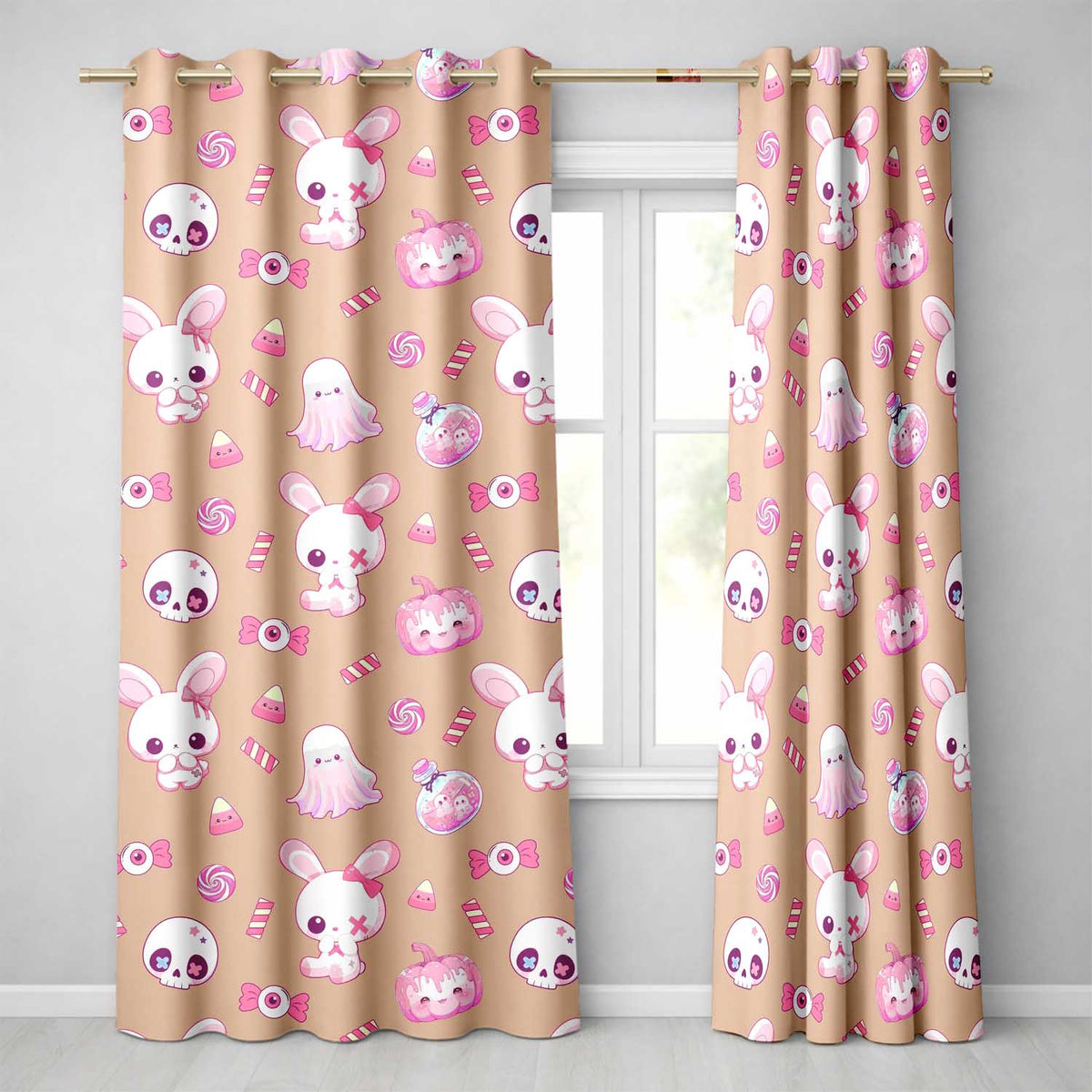 Cute Halloween Bunny Ghost Candy Pumpkin Seamless Pattern Peach Background Readymade Eyelet Ring Top Thermal 100% Blackout Curtains