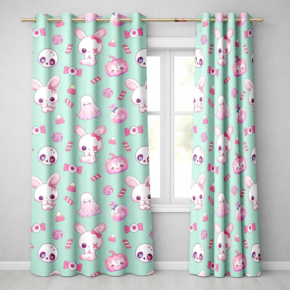 Cute Halloween Bunny Ghost Candy Pumpkin Seamless Pattern Teal Background Readymade Eyelet Ring Top Thermal 100% Blackout Curtains