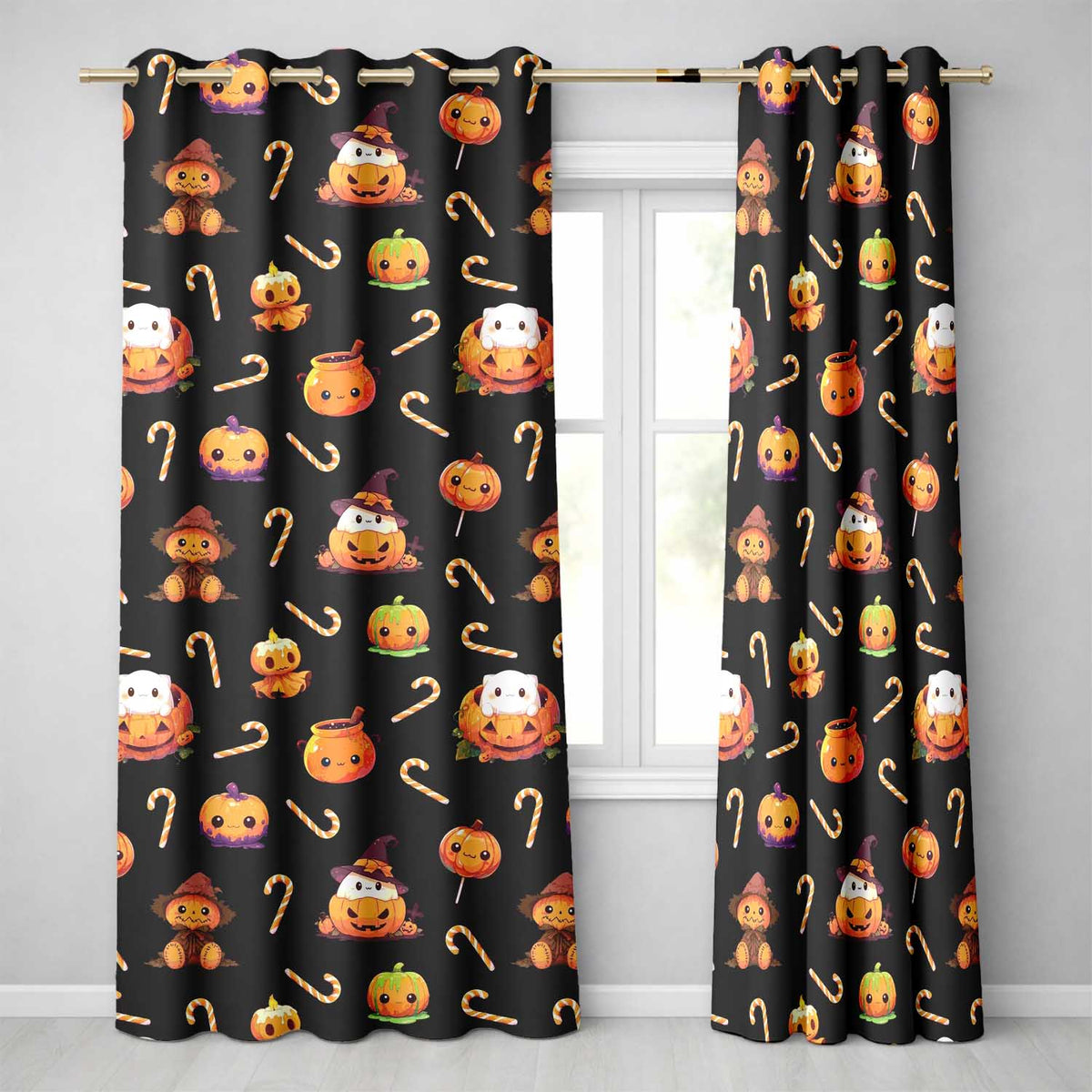 Cute Kawaii Halloween Pumpkin Candy Scarecrow Seamless Pattern Black Background Readymade Eyelet Ring Top Thermal 100% Blackout Curtains