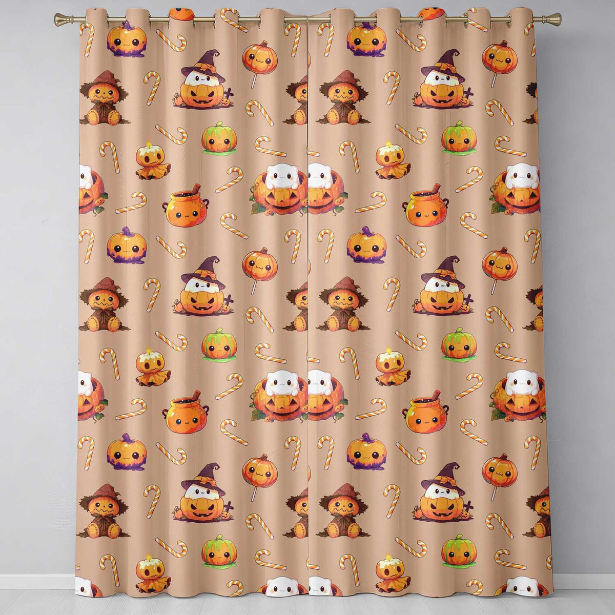 Cute Kawaii Halloween Pumpkin Candy Scarecrow Seamless Pattern Peach Background Readymade Eyelet Ring Top Thermal 100% Blackout Curtains