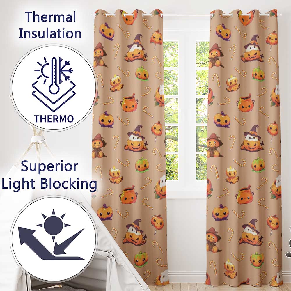 Cute Kawaii Halloween Pumpkin Candy Scarecrow Seamless Pattern Peach Background Readymade Eyelet Ring Top Thermal 100% Blackout Curtains