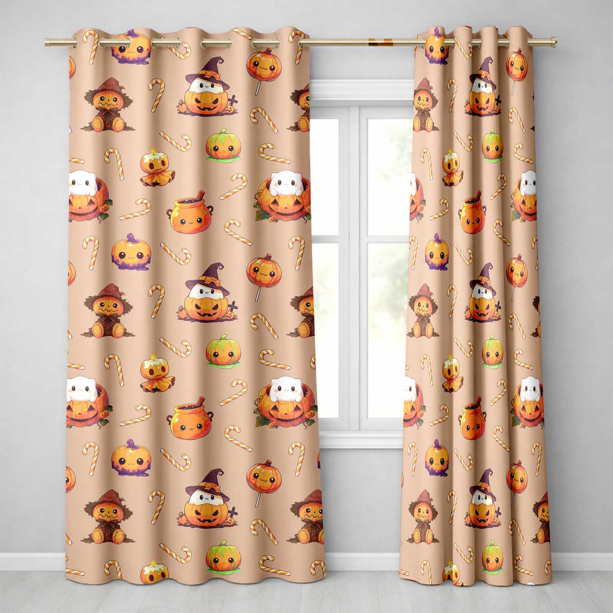 Cute Kawaii Halloween Pumpkin Candy Scarecrow Seamless Pattern Peach Background Readymade Eyelet Ring Top Thermal 100% Blackout Curtains
