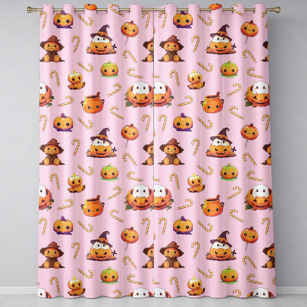 Cute Kawaii Halloween Pumpkin Candy Scarecrow Seamless Pattern Pink Background Readymade Eyelet Ring Top Thermal 100% Blackout Curtains