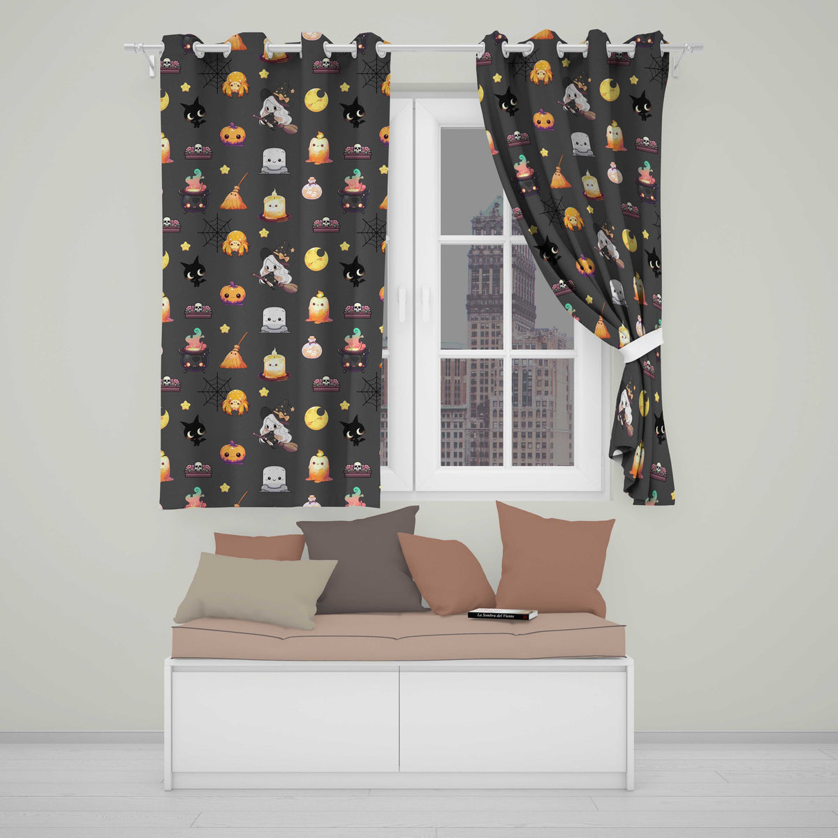 Cute Kawaii Witch Spider Candle Moon Seamless Pattern Black Background Readymade Eyelet Ring Top Thermal 100% Blackout Curtains
