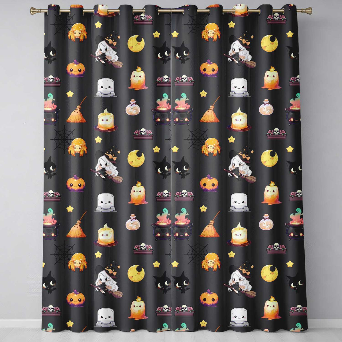 Cute Kawaii Witch Spider Candle Moon Seamless Pattern Black Background Readymade Eyelet Ring Top Thermal 100% Blackout Curtains