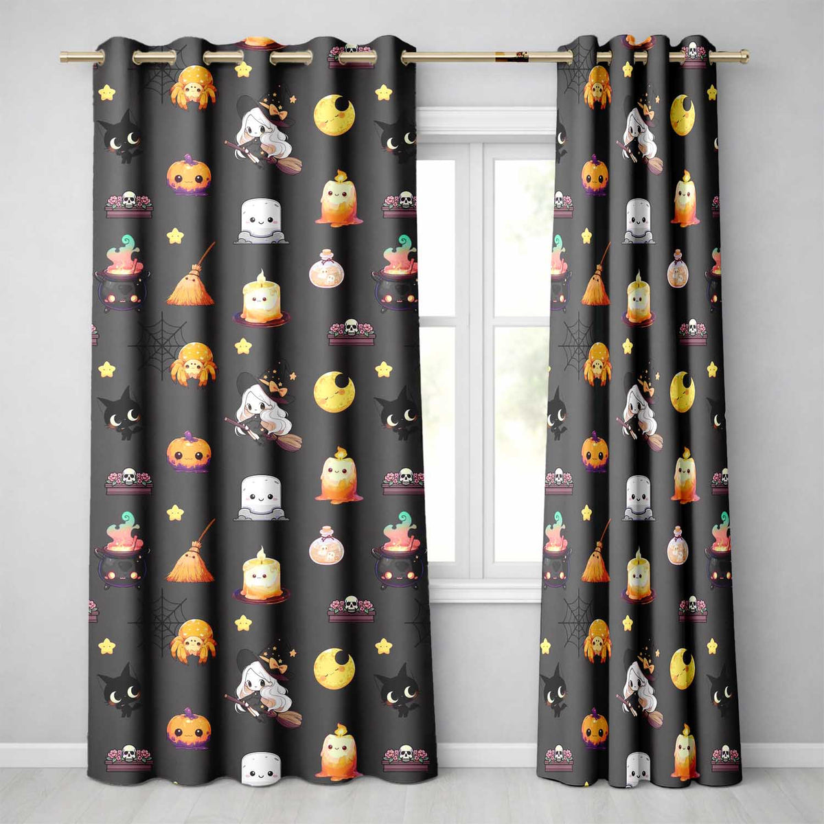 Cute Kawaii Witch Spider Candle Moon Seamless Pattern Black Background Readymade Eyelet Ring Top Thermal 100% Blackout Curtains