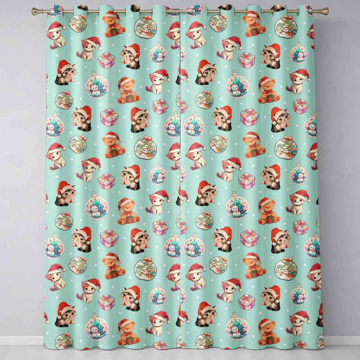 Cute Christmas Cats Teddy Bear Baubles on Teal Background Seamless Pattern Readymade Eyelet Ring Top Thermal 100% Blackout Curtains