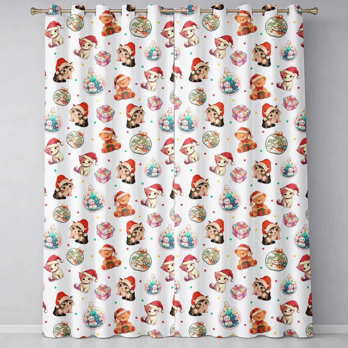 Cute Christmas Cat Teddy Bear Baubles on White Background Seamless Pattern Readymade Eyelet Ring Top Thermal 100% Blackout Curtains
