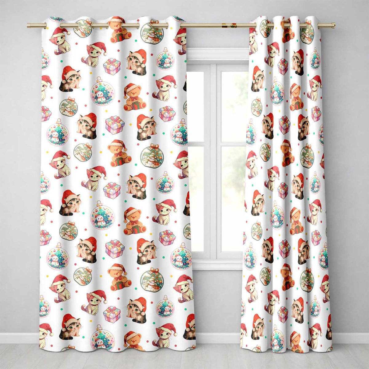 Cute Christmas Cat Teddy Bear Baubles on White Background Seamless Pattern Readymade Eyelet Ring Top Thermal 100% Blackout Curtains