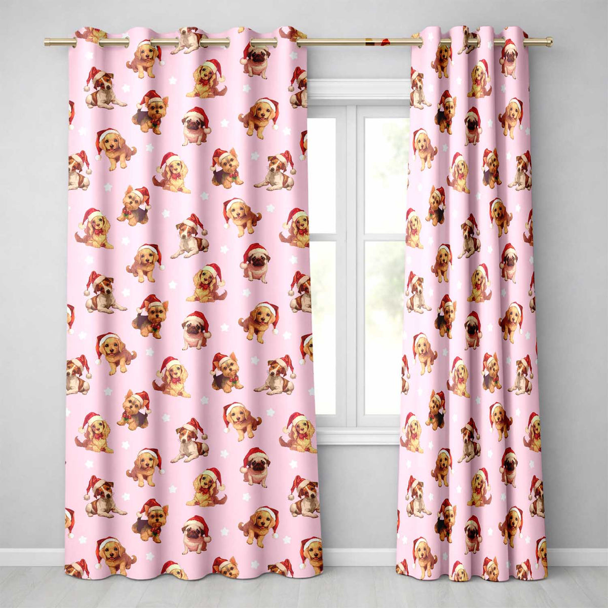 Christmas Puppies Santa Hat on Pastel Pink Star Background Seamless Pattern Readymade Eyelet Ring Top Thermal 100% Blackout Curtains