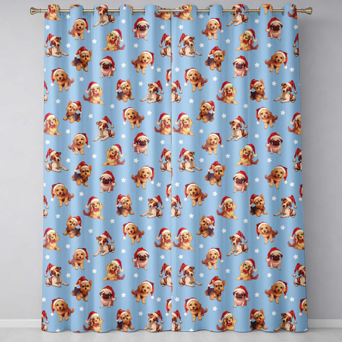 Cute Christmas Puppies Santa Hat on Sky Blue Star Background Seamless Pattern Readymade Eyelet Ring Top Thermal 100% Blackout Curtains