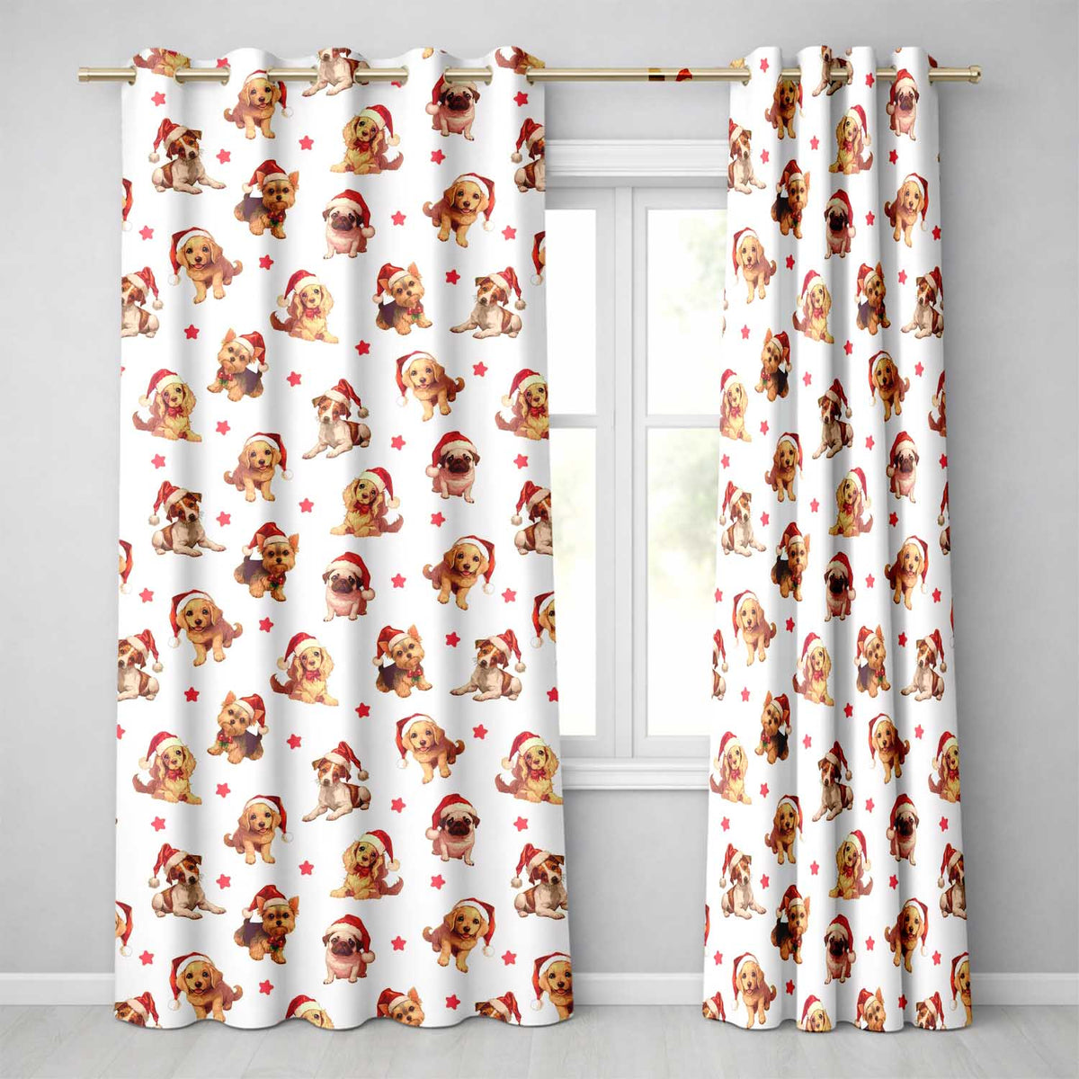 Cute Christmas Puppies Santa Hat on Light Cream Background Seamless Pattern Readymade Eyelet Ring Top Thermal 100% Blackout Curtains