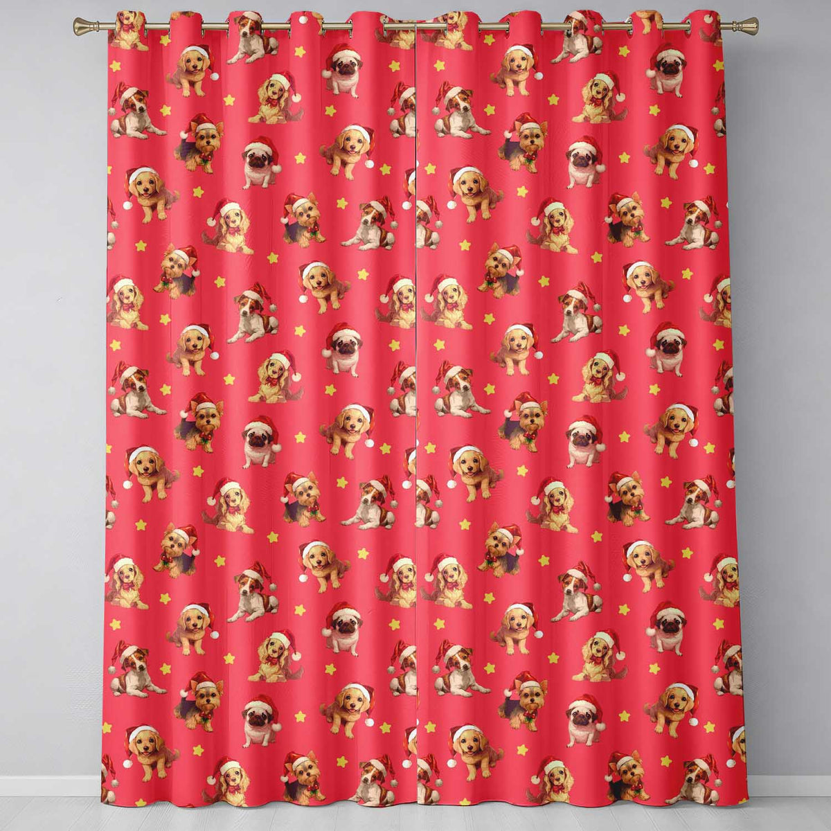 Cute Christmas Puppies Santa Hat on Bright Red Background Seamless Pattern Readymade Eyelet Ring Top Thermal 100% Blackout Curtains