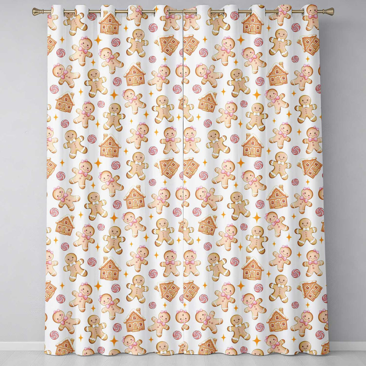 Cute Gingerbread Cookies Candy House on Soft Cream Background Seamless Pattern Readymade Eyelet Ring Top Thermal 100% Blackout Curtains