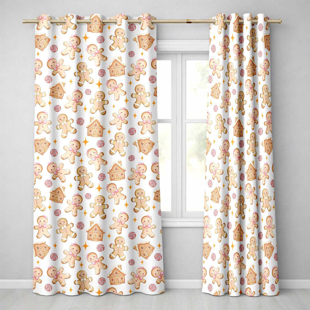 Cute Gingerbread Cookies Candy House on Soft Cream Background Seamless Pattern Readymade Eyelet Ring Top Thermal 100% Blackout Curtains