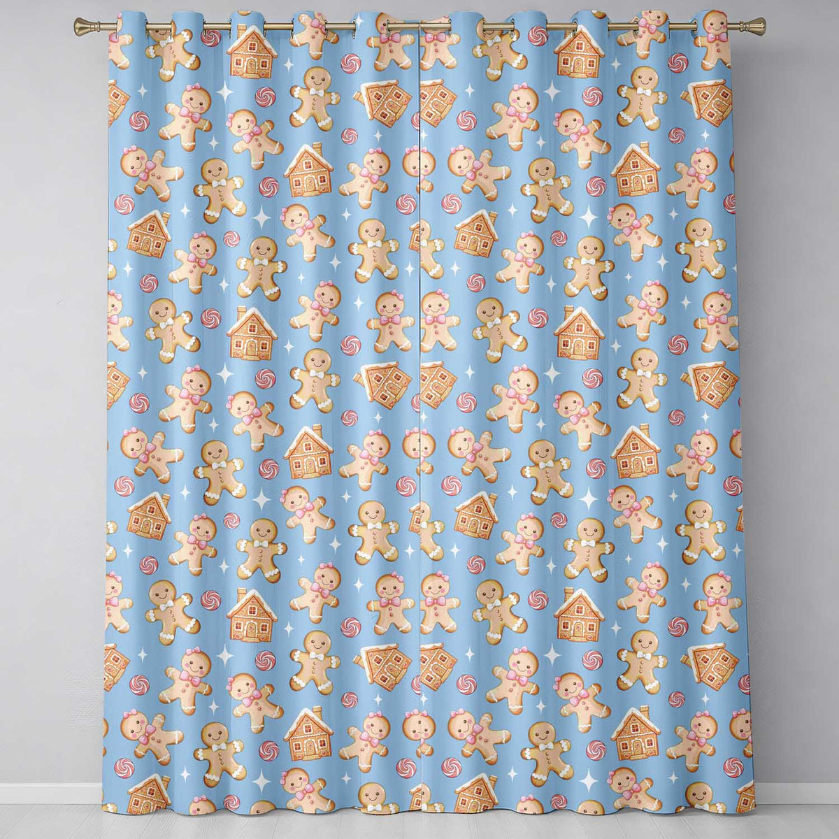 Cute Gingerbread Cookies Candy House on Soft Blue Background Seamless Pattern Readymade Eyelet Ring Top Thermal 100% Blackout Curtains