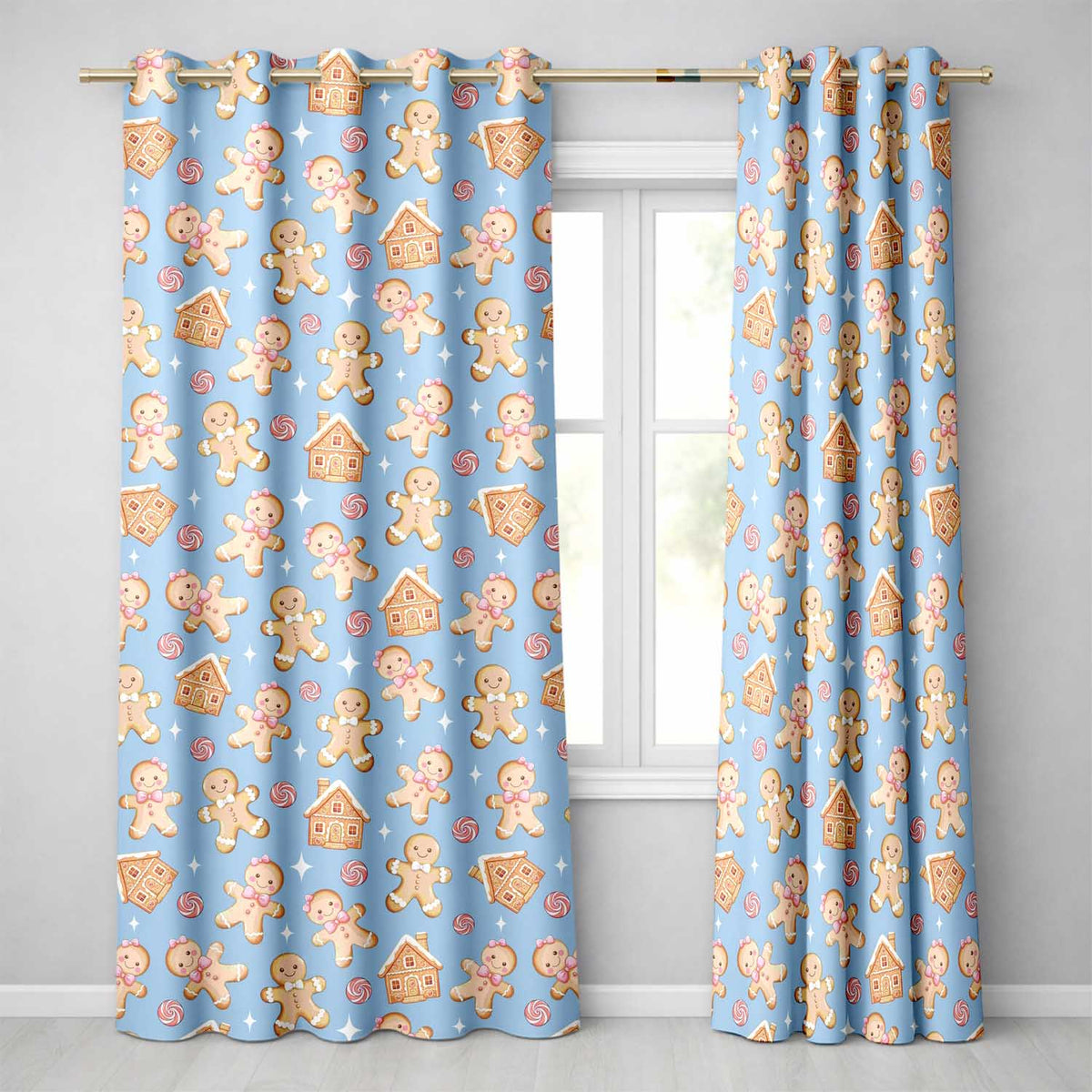 Cute Gingerbread Cookies Candy House on Soft Blue Background Seamless Pattern Readymade Eyelet Ring Top Thermal 100% Blackout Curtains