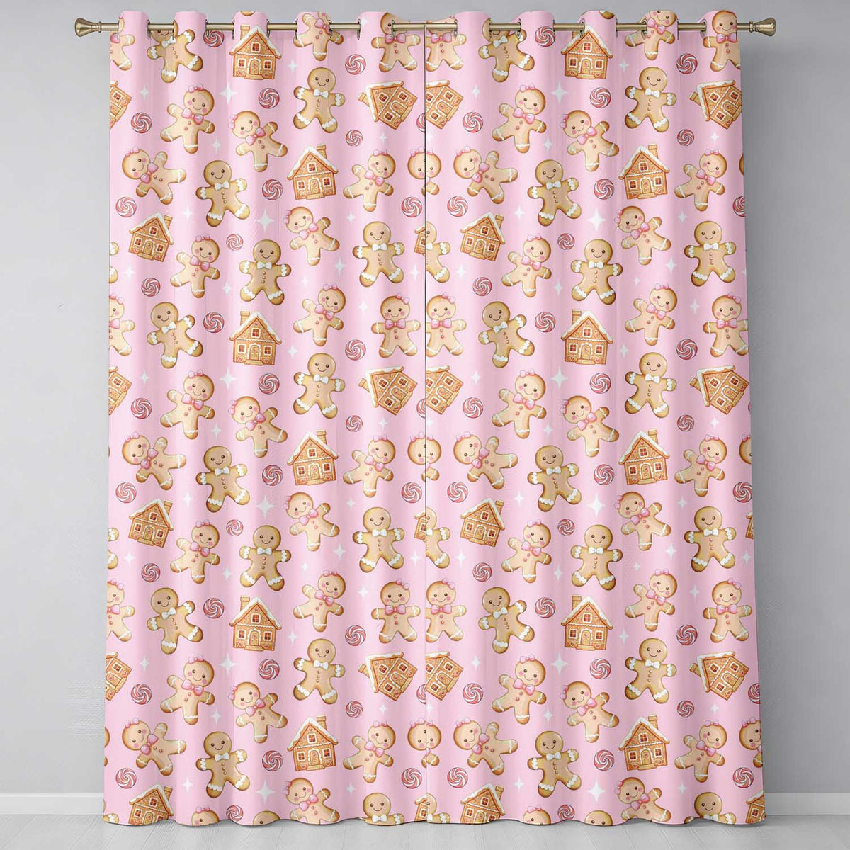 Cute Gingerbread Cookies Candy House on Pastel Pink Background Seamless Pattern Readymade Eyelet Ring Top Thermal 100% Blackout Curtains