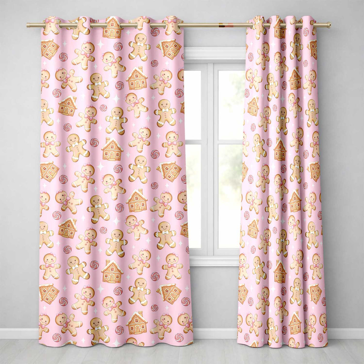 Cute Gingerbread Cookies Candy House on Pastel Pink Background Seamless Pattern Readymade Eyelet Ring Top Thermal 100% Blackout Curtains