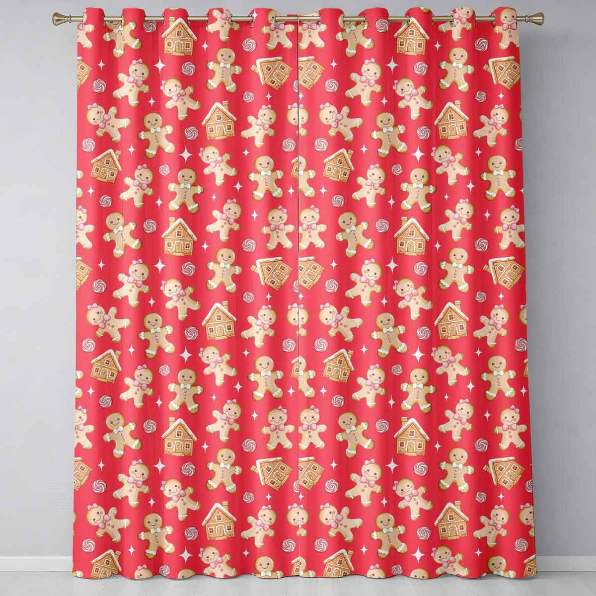 Cute Gingerbread Cookies Candy House on Festive Red Background Seamless Pattern Readymade Eyelet Ring Top Thermal 100% Blackout Curtains