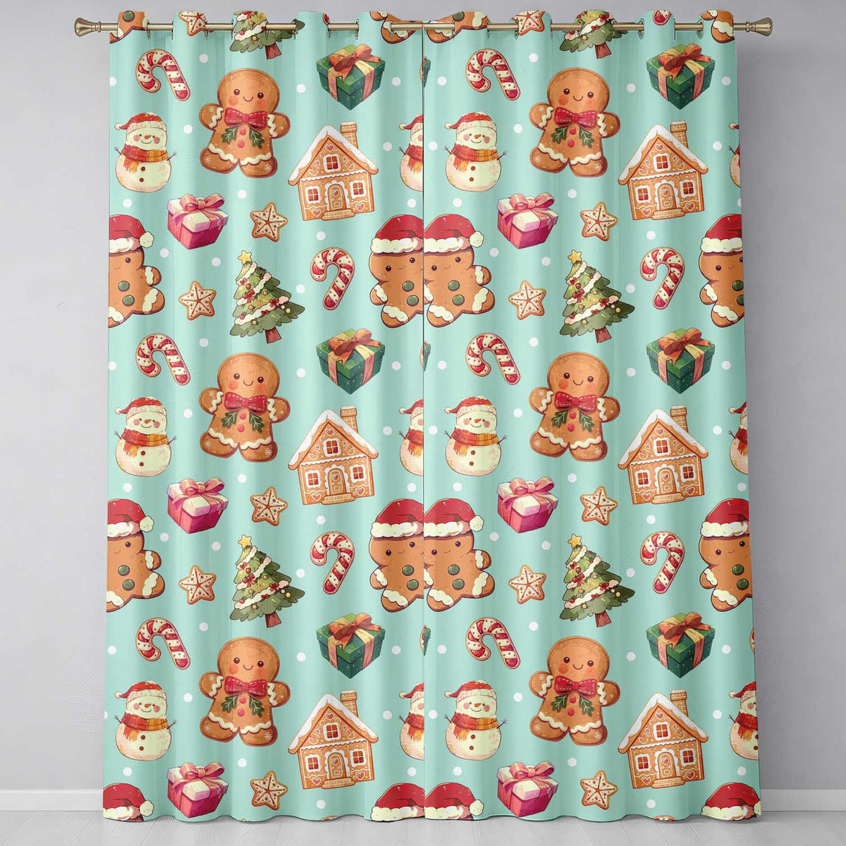 Cute Christmas Gingerbread Man Tree Gift Snowman on Mint Background Seamless Readymade Eyelet Ring Top Thermal 100% Blackout Curtains