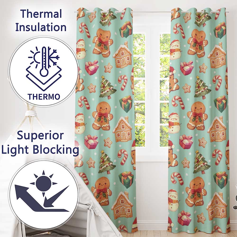 Cute Christmas Gingerbread Man Tree Gift Snowman on Mint Background Seamless Readymade Eyelet Ring Top Thermal 100% Blackout Curtains