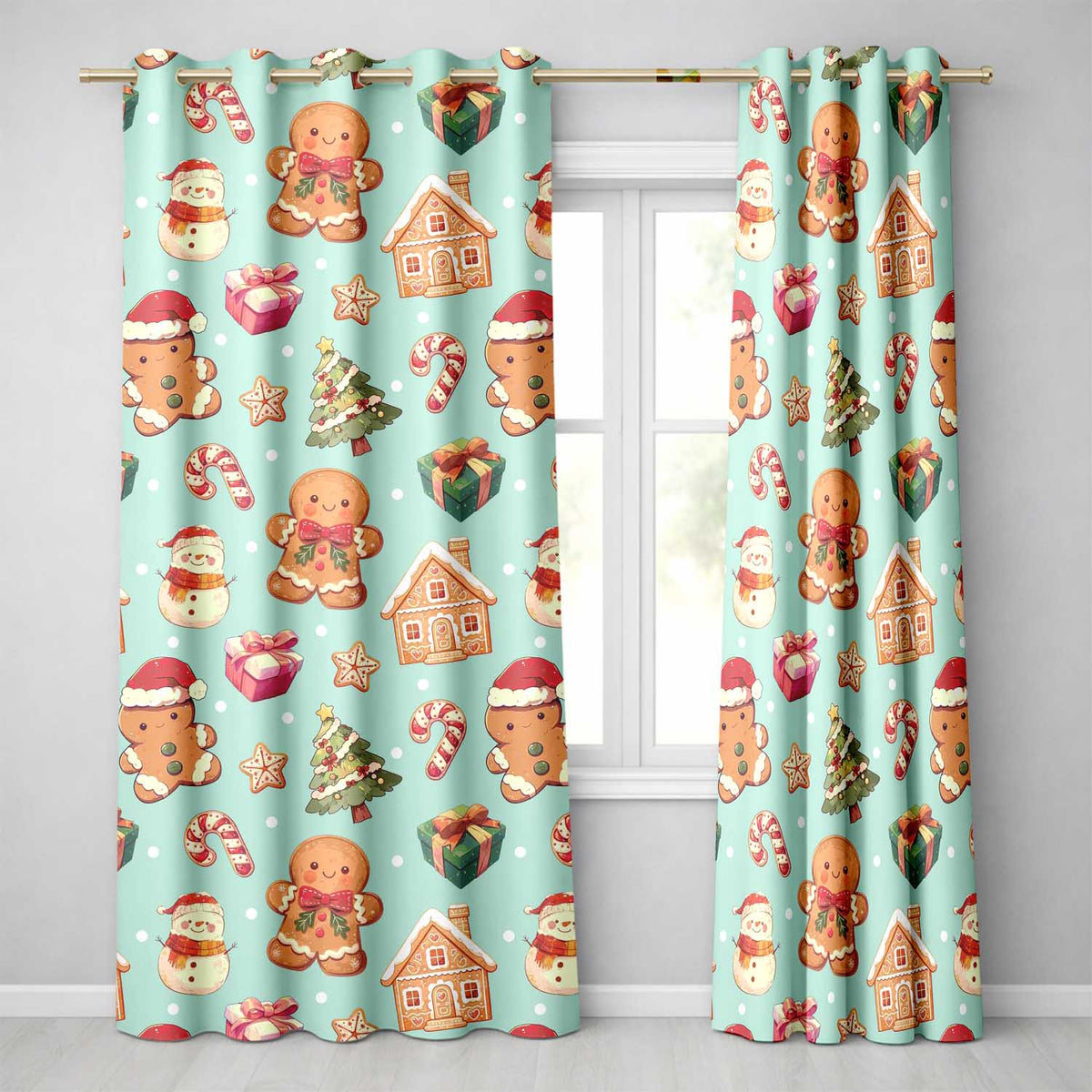 Cute Christmas Gingerbread Man Tree Gift Snowman on Mint Background Seamless Readymade Eyelet Ring Top Thermal 100% Blackout Curtains