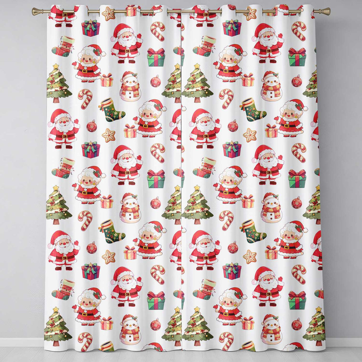 Cute Santa Claus Mrs Claus Snowman Gift Candy on Light Grey Background Seamless Readymade Eyelet Ring Top Thermal 100% Blackout Curtains