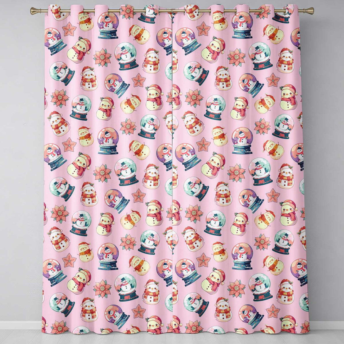 Snowman Snow Globe Poinsettia Christmas on Soft Pink Background Seamless Readymade Eyelet Ring Top Thermal 100% Blackout Curtains