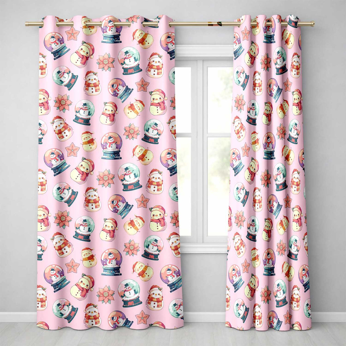 Snowman Snow Globe Poinsettia Christmas on Soft Pink Background Seamless Readymade Eyelet Ring Top Thermal 100% Blackout Curtains
