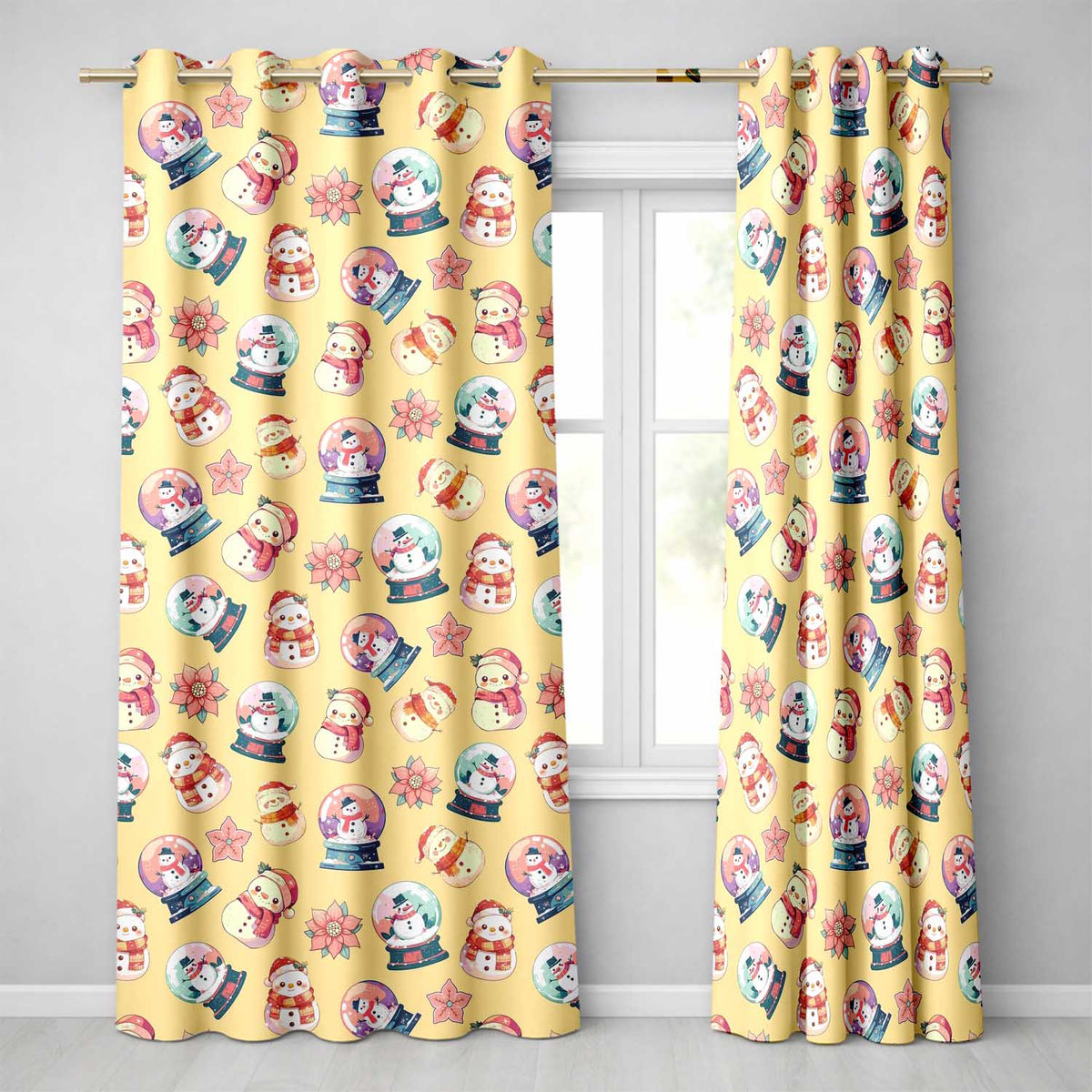 Cute Snowman Snow Globe Poinsettia Christmas on Warm Beige Background Seamless Readymade Eyelet Ring Top Thermal 100% Blackout Curtains