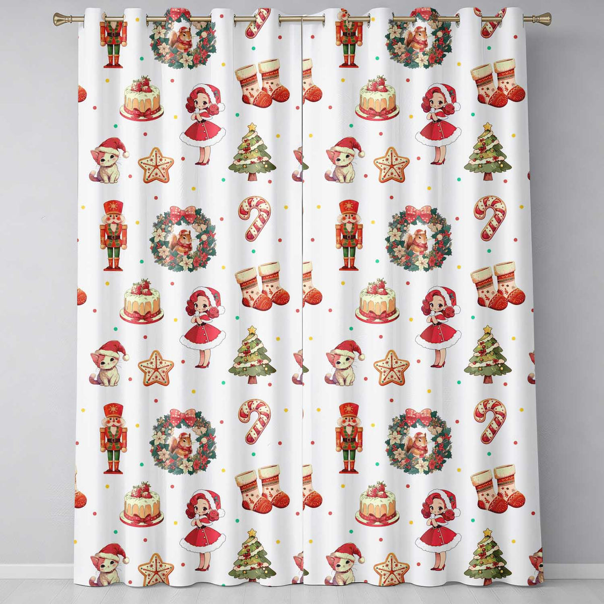 Cute Nutcracker Wreath Cake Girl Christmas Tree on Cream Background Seamless Readymade Eyelet Ring Top Thermal 100% Blackout Curtains