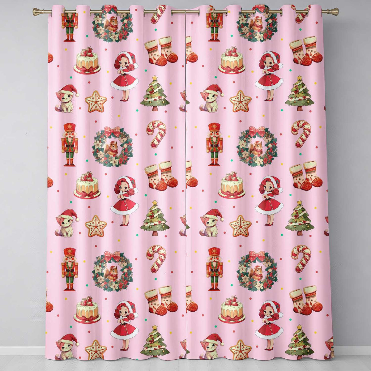 Nutcracker Wreath Cake Girl Christmas Tree on Soft Pink Background Seamless Readymade Eyelet Ring Top Thermal 100% Blackout Curtains
