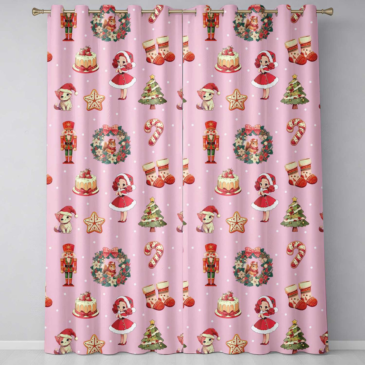 Nutcracker Wreath Cake Girl on Pink Background with Polka Dots Seamless Readymade Eyelet Ring Top Thermal 100% Blackout Curtains