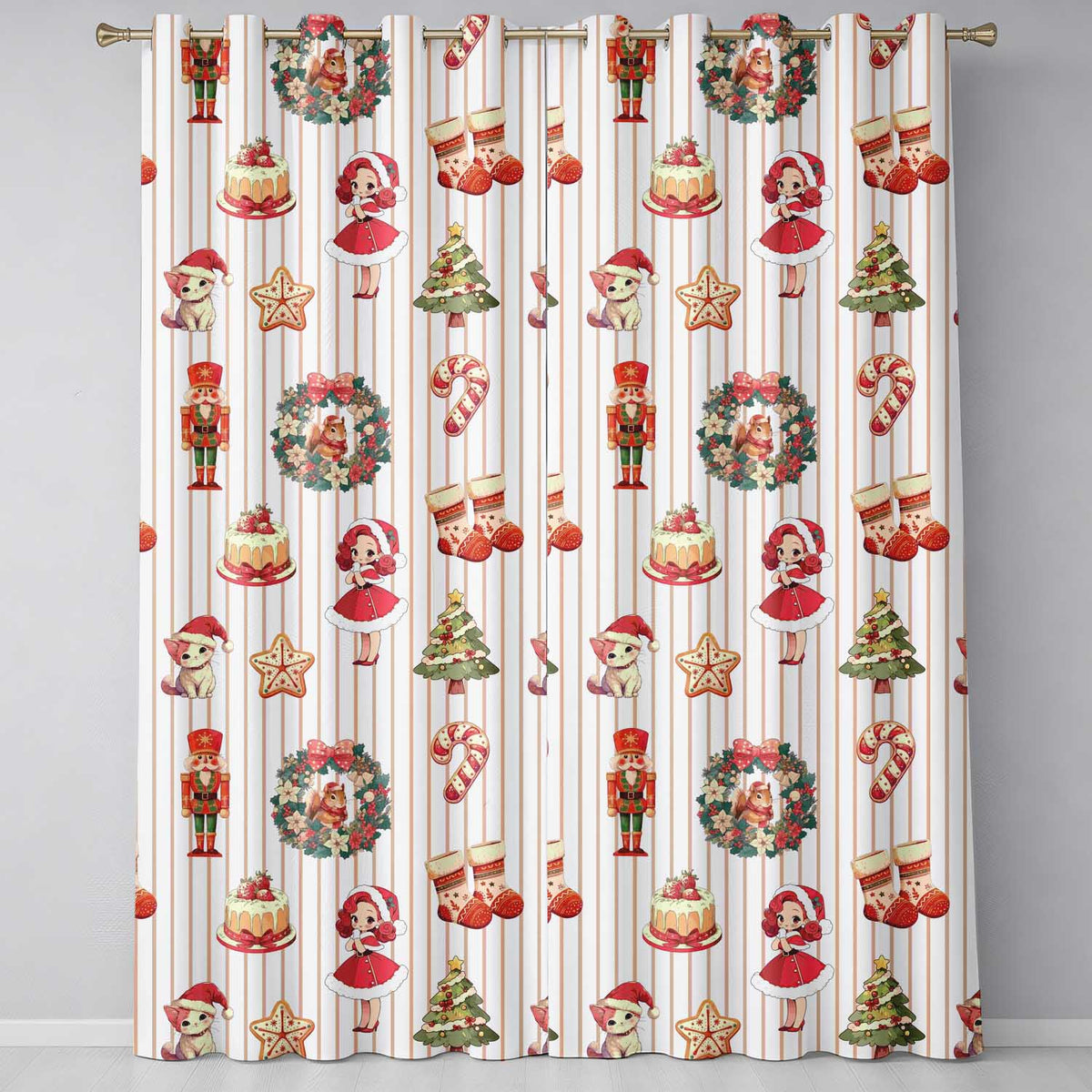 Nutcracker Wreath Cake Girl Christmas Tree on Beige Stripe Background Seamless Readymade Eyelet Ring Top Thermal 100% Blackout Curtains