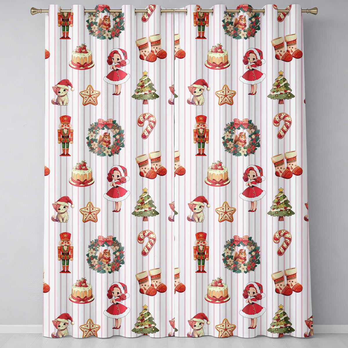 Nutcracker Wreath Cake Girl Christmas Tree on Beige Stripe Background Seamless Readymade Eyelet Ring Top Thermal 100% Blackout Curtains