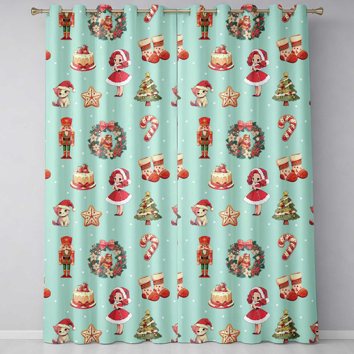Nutcracker Wreath Cake Girl on Mint Background with Snow Dots Seamless Readymade Eyelet Ring Top Thermal 100% Blackout Curtains