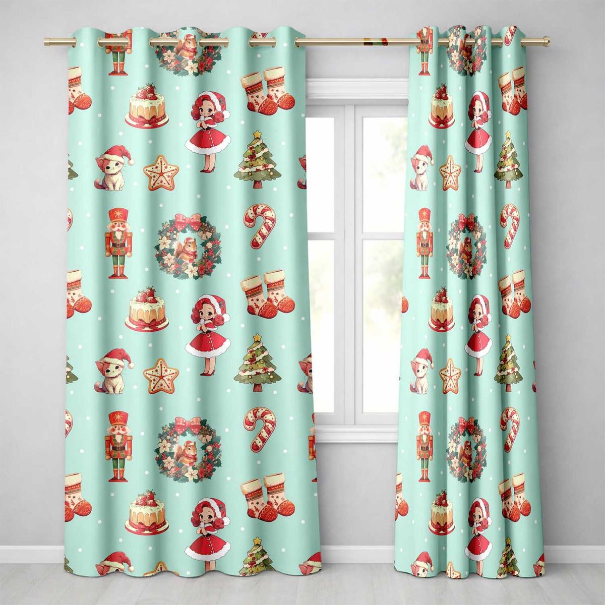 Nutcracker Wreath Cake Girl on Mint Background with Snow Dots Seamless Readymade Eyelet Ring Top Thermal 100% Blackout Curtains
