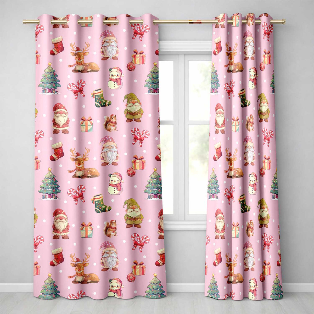 Christmas Gnome Reindeer Snowman Gift on Pink Snow Dot Background Seamless Readymade Eyelet Ring Top Thermal 100% Blackout Curtains