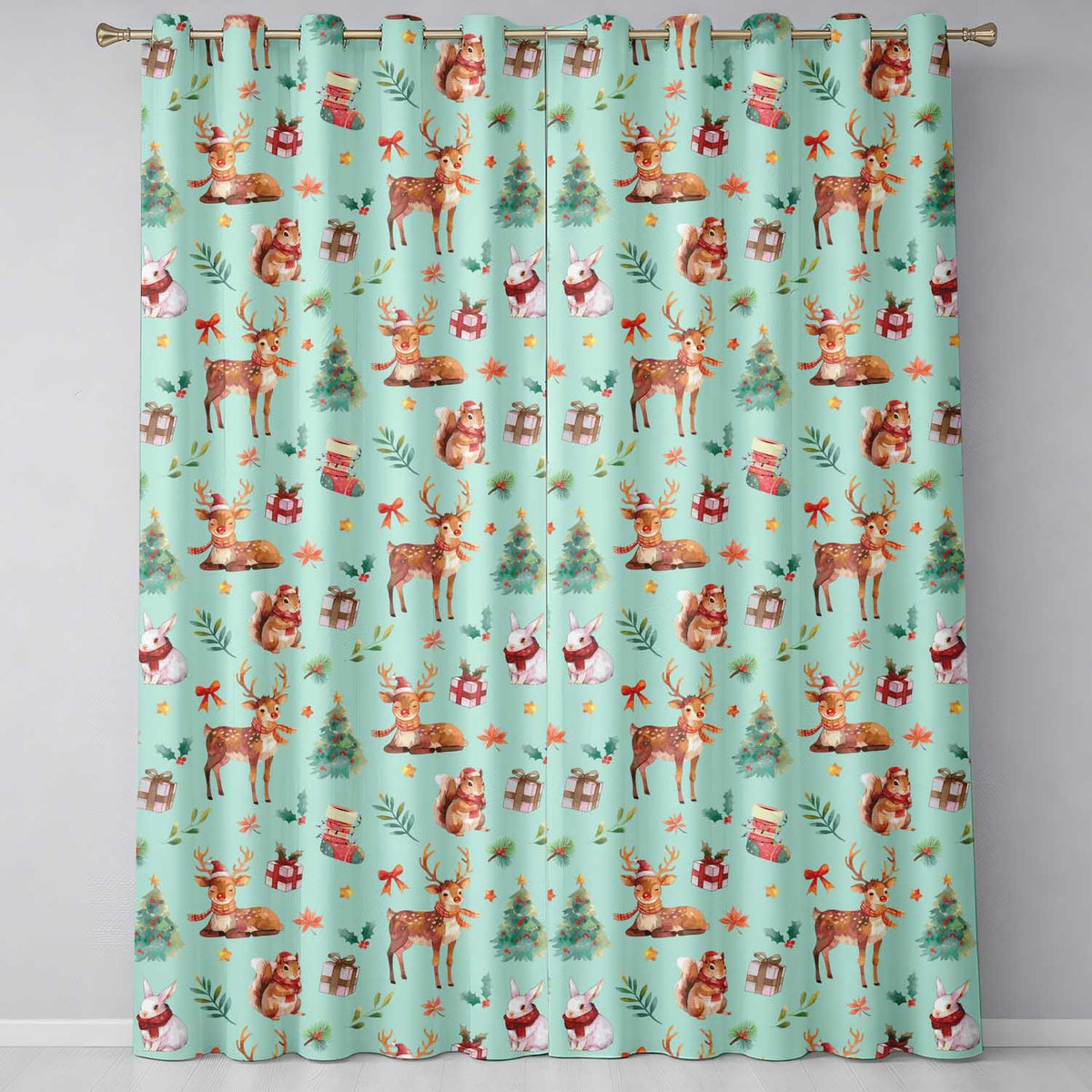 Christmas Reindeer Squirrel Gift Festive Elements on Teal Background Seamless Readymade Eyelet Ring Top Thermal 100% Blackout Curtains