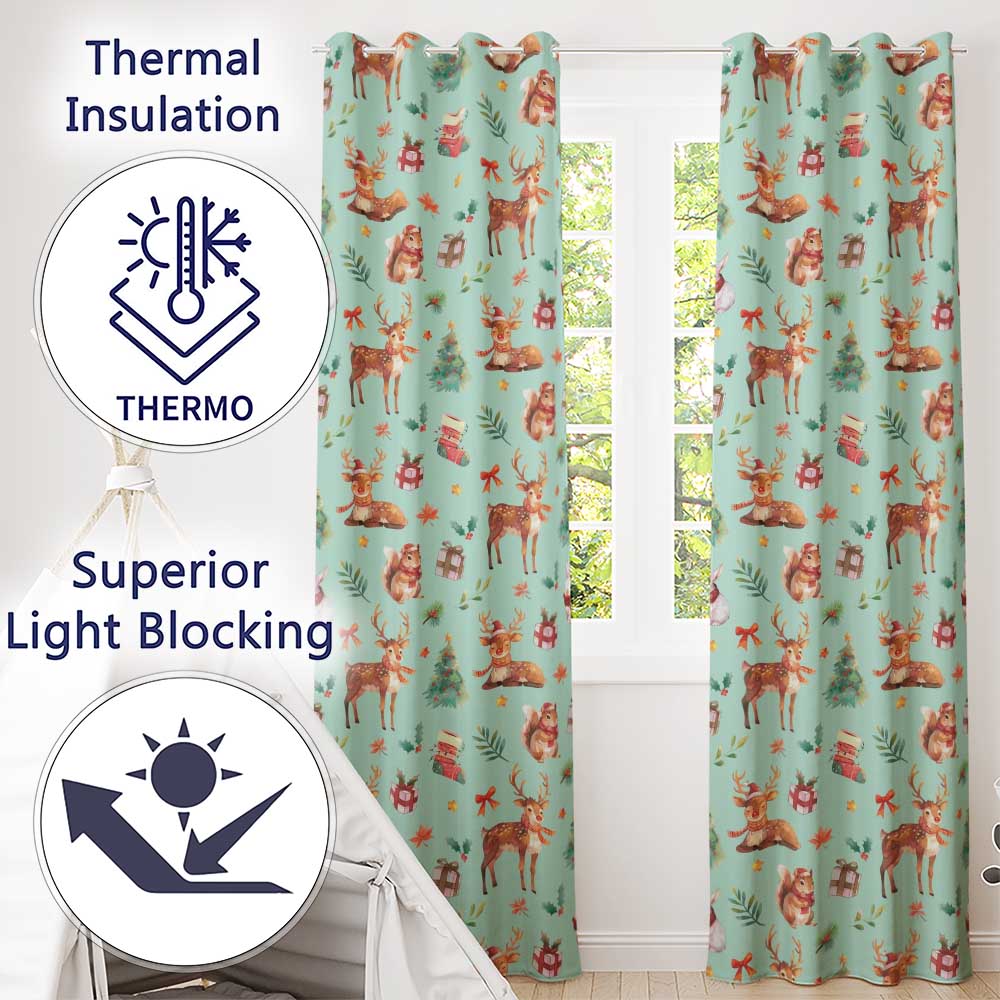 Christmas Reindeer Squirrel Gift Festive Elements on Teal Background Seamless Readymade Eyelet Ring Top Thermal 100% Blackout Curtains
