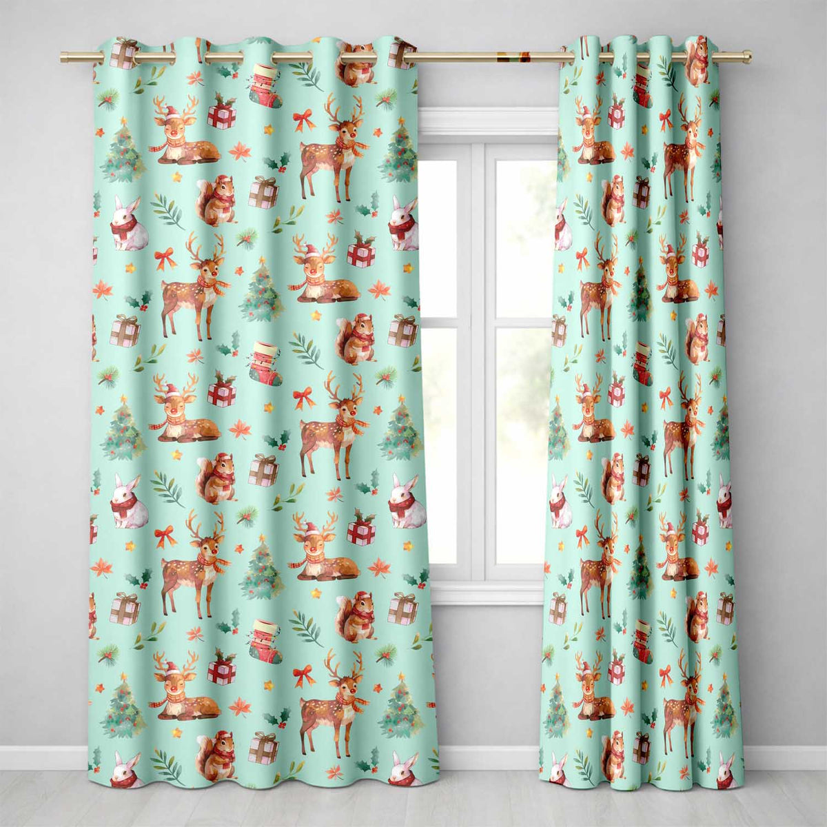 Christmas Reindeer Squirrel Gift Festive Elements on Teal Background Seamless Readymade Eyelet Ring Top Thermal 100% Blackout Curtains