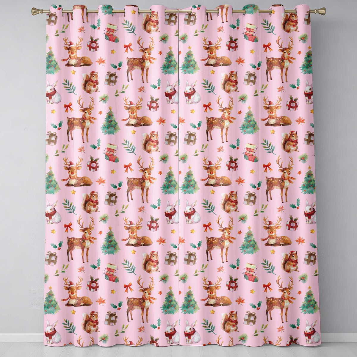 Christmas Reindeer Squirrel Gift Festive Elements on Pink Background Seamless Readymade Eyelet Ring Top Thermal 100% Blackout Curtains