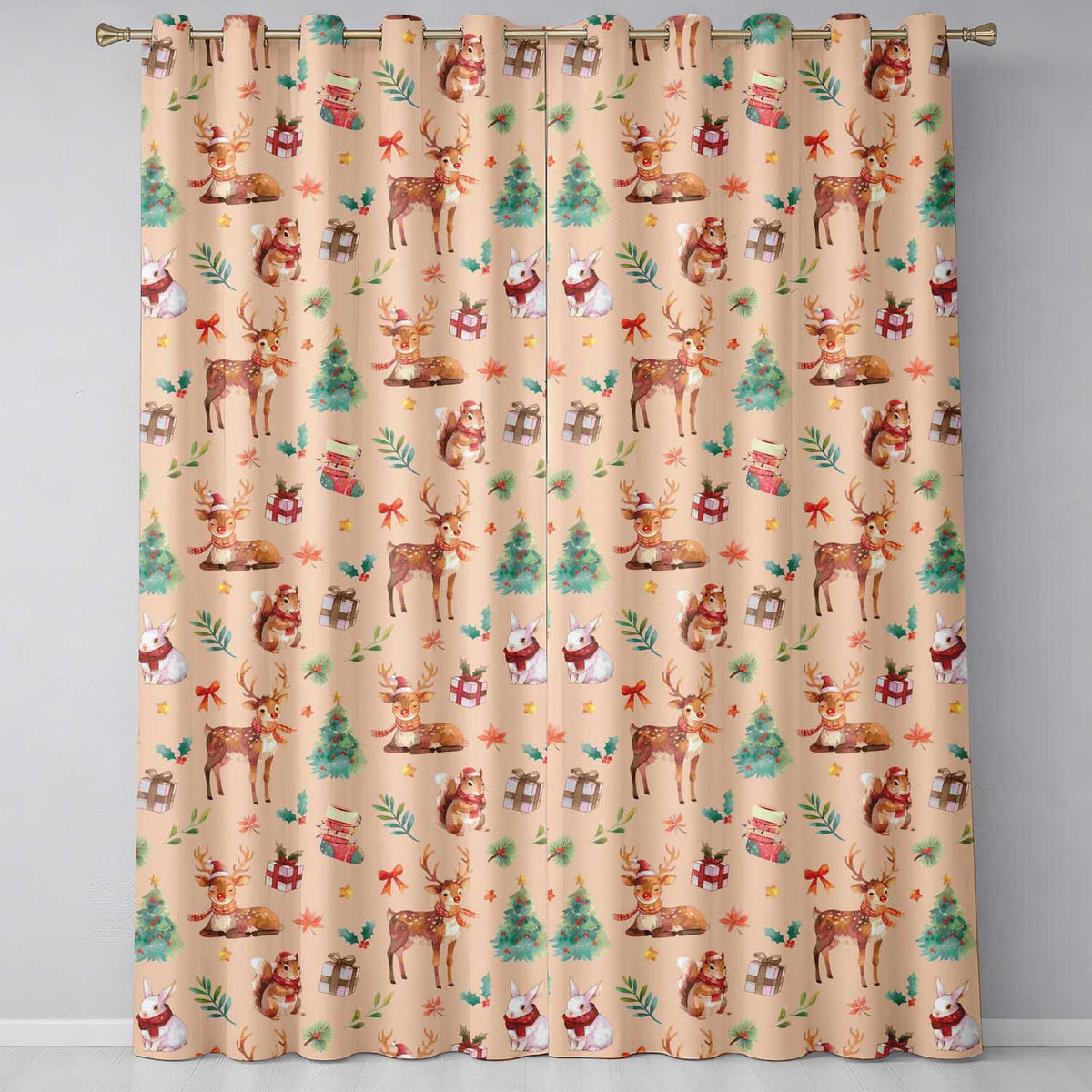 Christmas Reindeer Squirrel Gift Festive Elements on Beige Background Seamless Readymade Eyelet Ring Top Thermal 100% Blackout Curtains