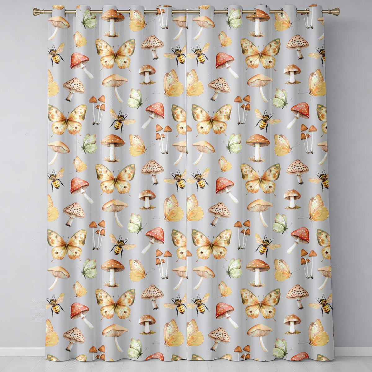 Vintage Butterfly Bees Mushrooms Illustration Soft Grey Background Seamless Readymade Eyelet Ring Top Thermal 100% Blackout Curtains