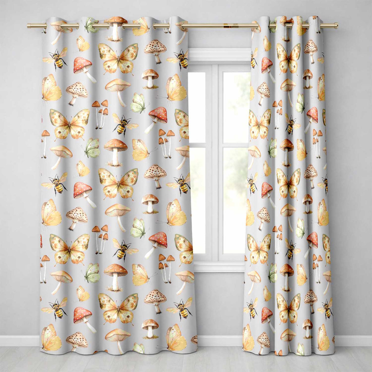 Vintage Butterfly Bees Mushrooms Illustration Soft Grey Background Seamless Readymade Eyelet Ring Top Thermal 100% Blackout Curtains