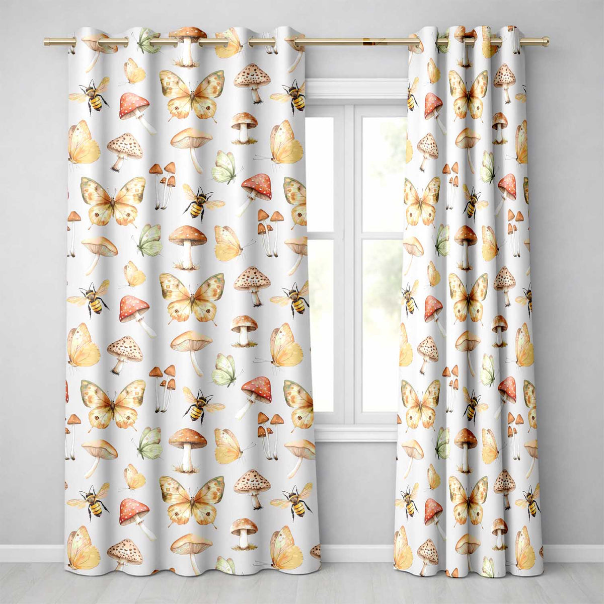 Vintage Butterfly Bees Mushrooms Illustration Dusty Blue Background Seamless Readymade Eyelet Ring Top Thermal 100% Blackout Curtains
