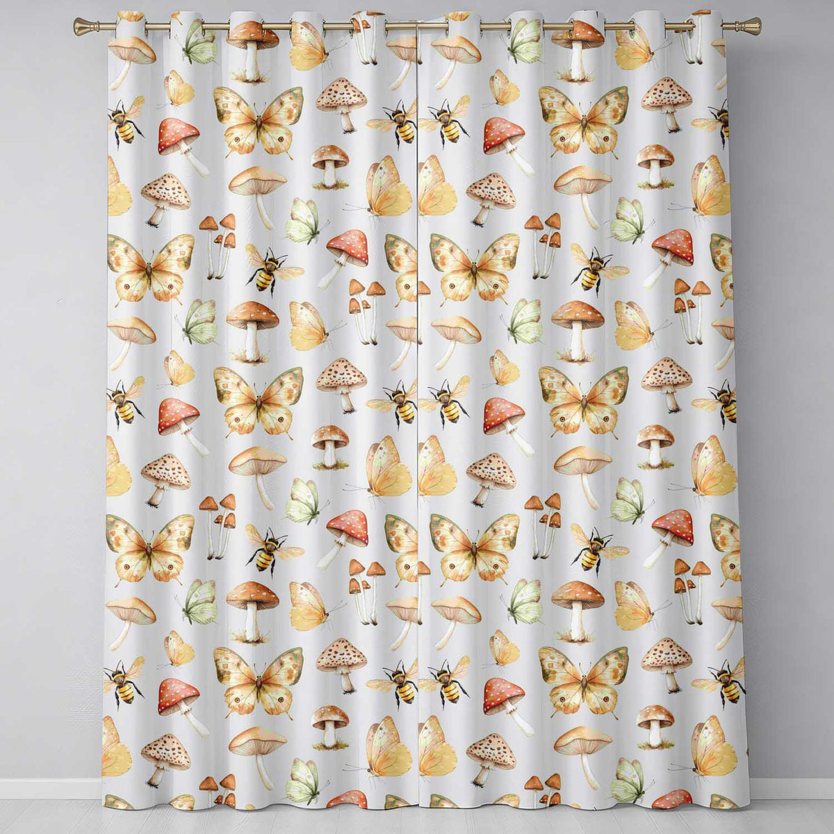 Vintage Butterfly Bees Mushrooms Illustration Soft Background Seamless Readymade Eyelet Ring Top Thermal 100% Blackout Curtains