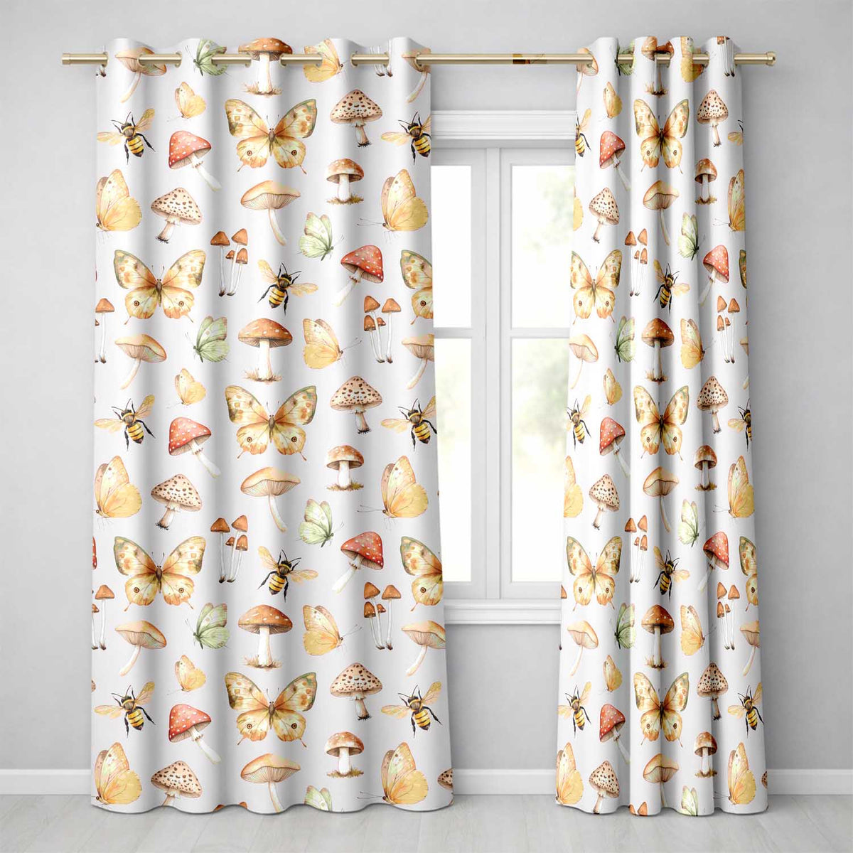 Vintage Butterfly Bees Mushrooms Illustration Soft Lilac Background Seamless Readymade Eyelet Ring Top Thermal 100% Blackout Curtains